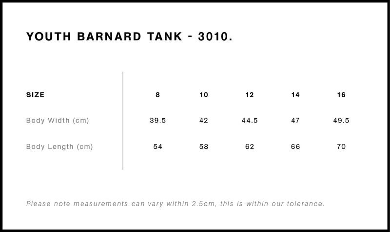 AS Colour 3010 Barnard Tank Youth size guide