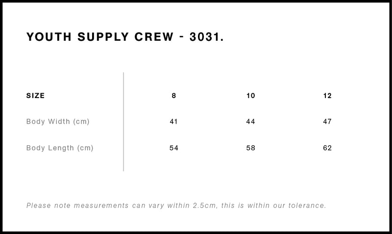 AS Colour 3031 Supply Youth Crew Kids size chart