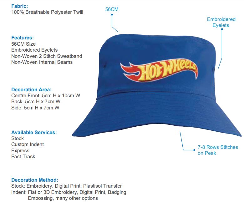 HS-3940 Breathable Poly Twill Youth Bucket Hat spec sheet