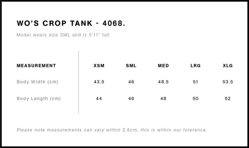 AS Colour 4068 Crop Tank Size Guide
