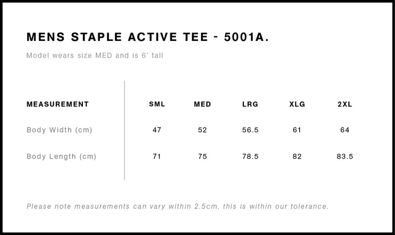 ASC 5001A Staple Active Tee Mens Size Guide