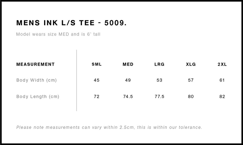 AS Colour 5009 Ink Long Sleeve Tee Mens size chart
