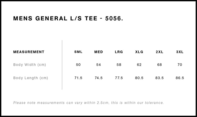AS Colour 5056 General Long Sleeve Tee Mens size guide