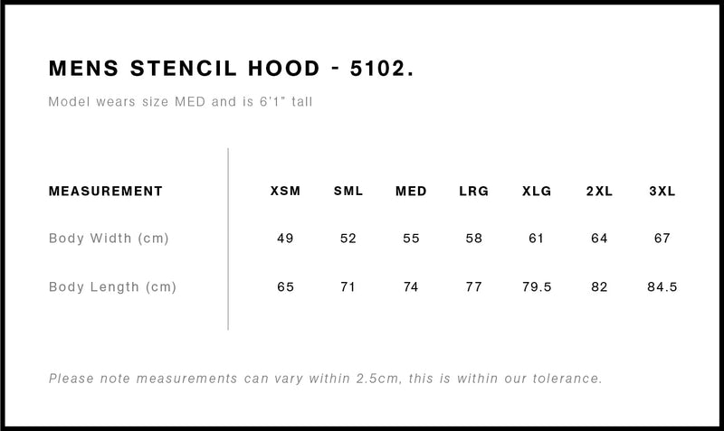 MENS STENCIL HOOD - 5102 size guide