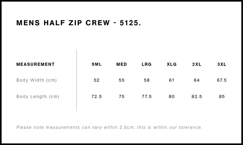 AS Colour 5125 Half Zip Crew Mens size chart