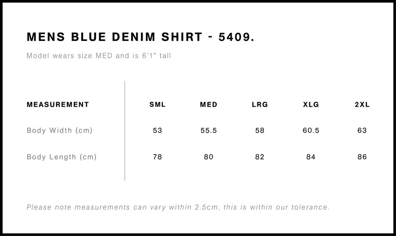 AS Colour 5409 Blue Denim Shirt Mens size chart