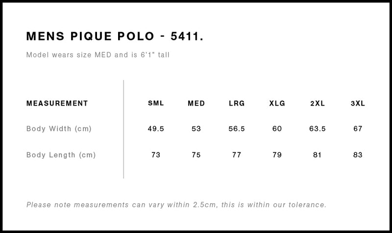 AS Colour 5411 Pique Polo Mens size chart