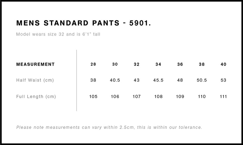 AS Colour 5901 Standard Pant size guide
