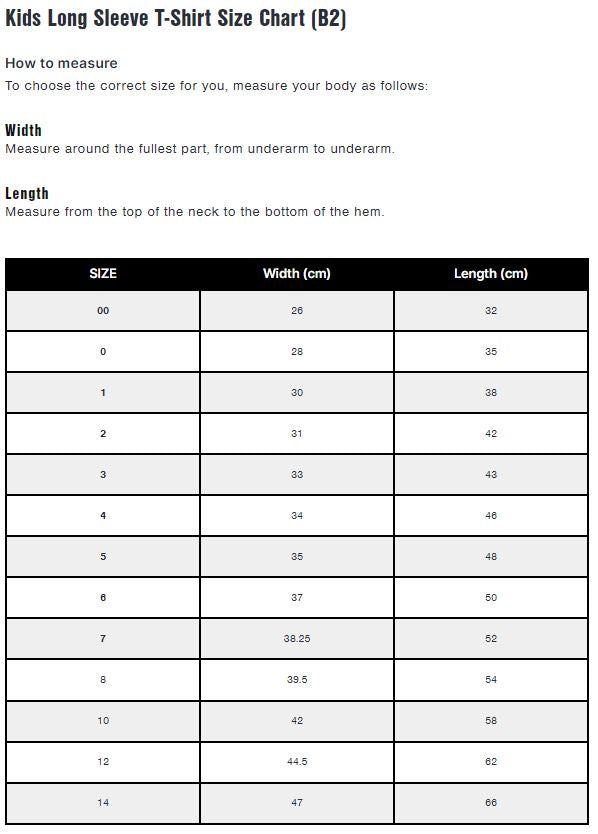 CB Clothing - B2 LONG SLEEVE T-SHIRT KIDS (size 00-6) size chart