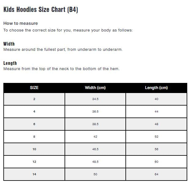 CB Clothing - B4 HOODIE KIDS (size 00-6) Size Chart
