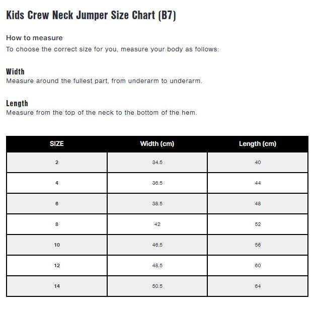 CB Clothing - B7 CREW NECK JUMPER KIDS (size 2-6) Size Chart