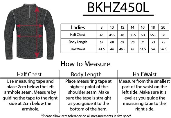 BKHZ450L 1/2 Zip Long Sleeve Heather Top Ladies size chart
