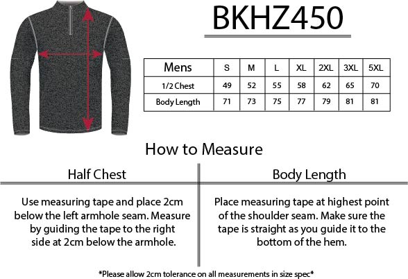 BKHZ450 1/2 Zip Long Sleeve Heather Top Mens size chart