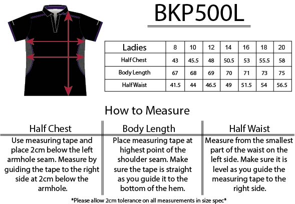 BKP500L Contrast Heather Polo Ladies size chart
