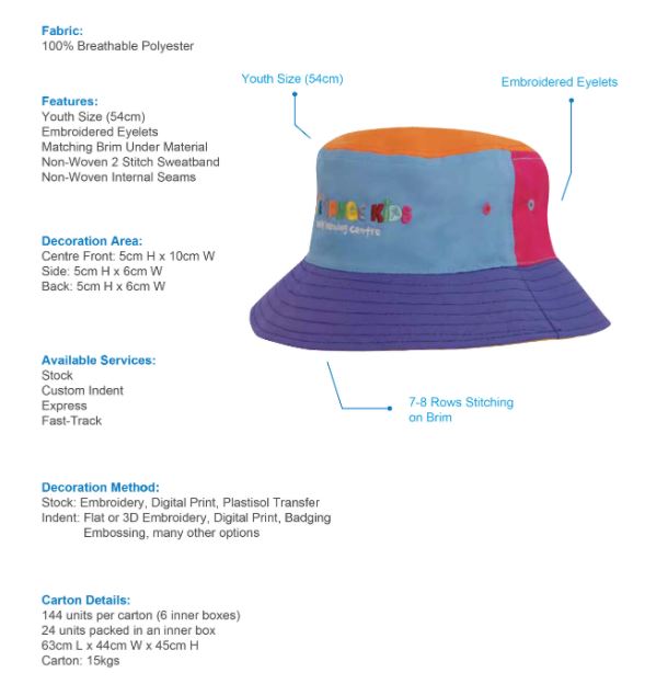 HS-3941 Breathable Poly Twill Childs Bucket Hat spec sheet