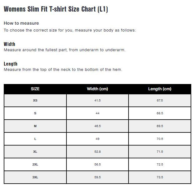 CB Clothing - L1 Slim T-Shirt Ladies Size Chart