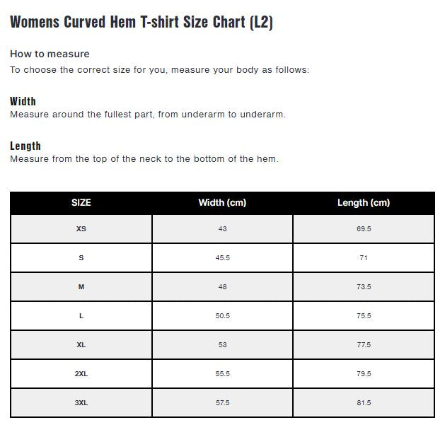 CB Clothing - L2 Curve T-Shirt Ladies Size chart