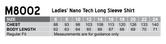 M8002 Women's Nano ™ Tech Long Sleeve Shirt Size Chart
