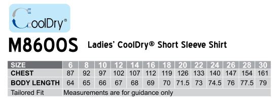 Winning Spirit M8600S Women's CoolDry Short Sleeve Shirt Size Chart