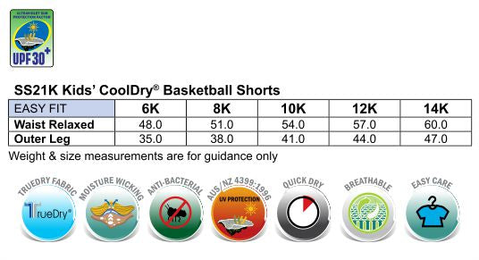 Winning Spirit SS21K AIRPASS SHORTS Kids size chart