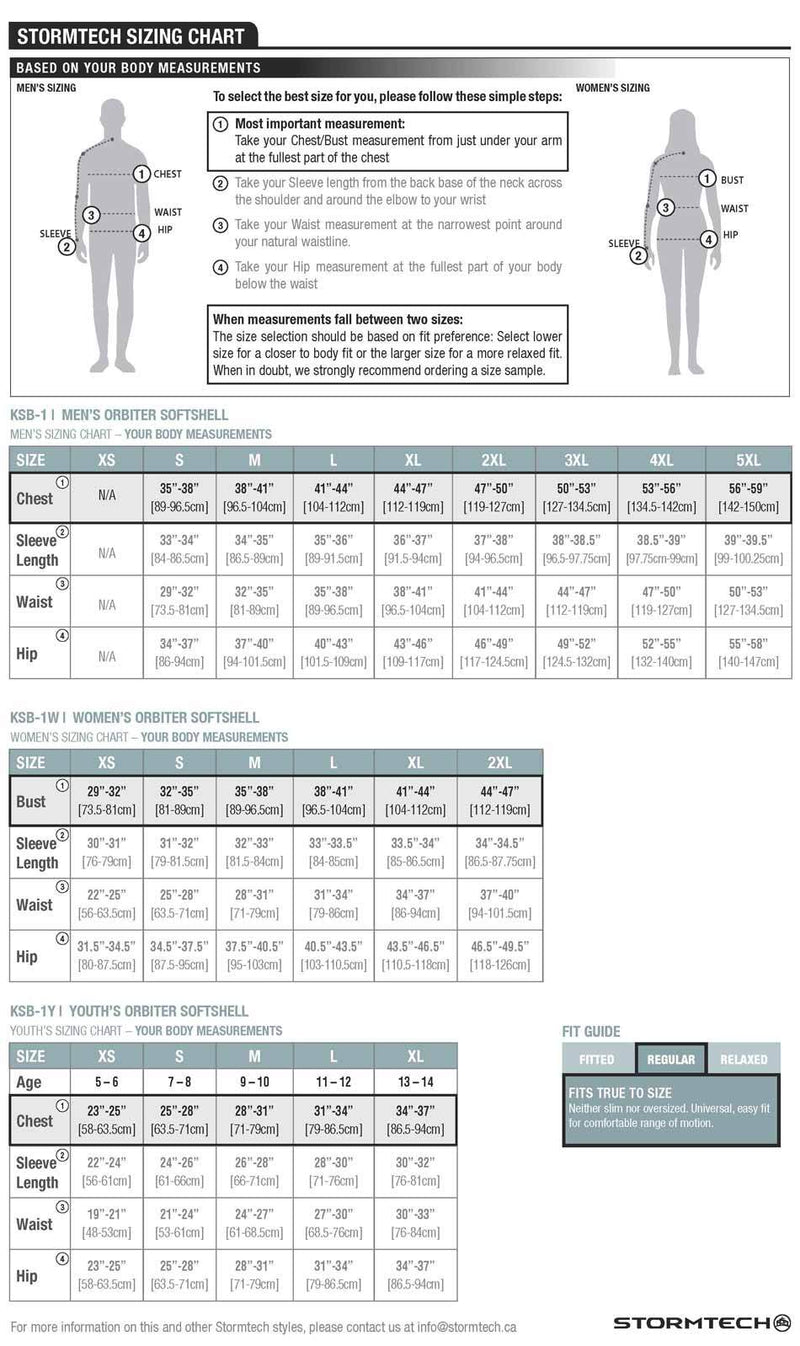 Orbiter Softshell Jackets Sizing Charts