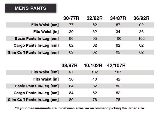 Cuffed Flex Skinny Pant Size Chart