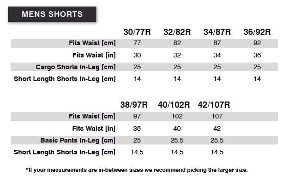 Tradie Short Length Short Size Chart