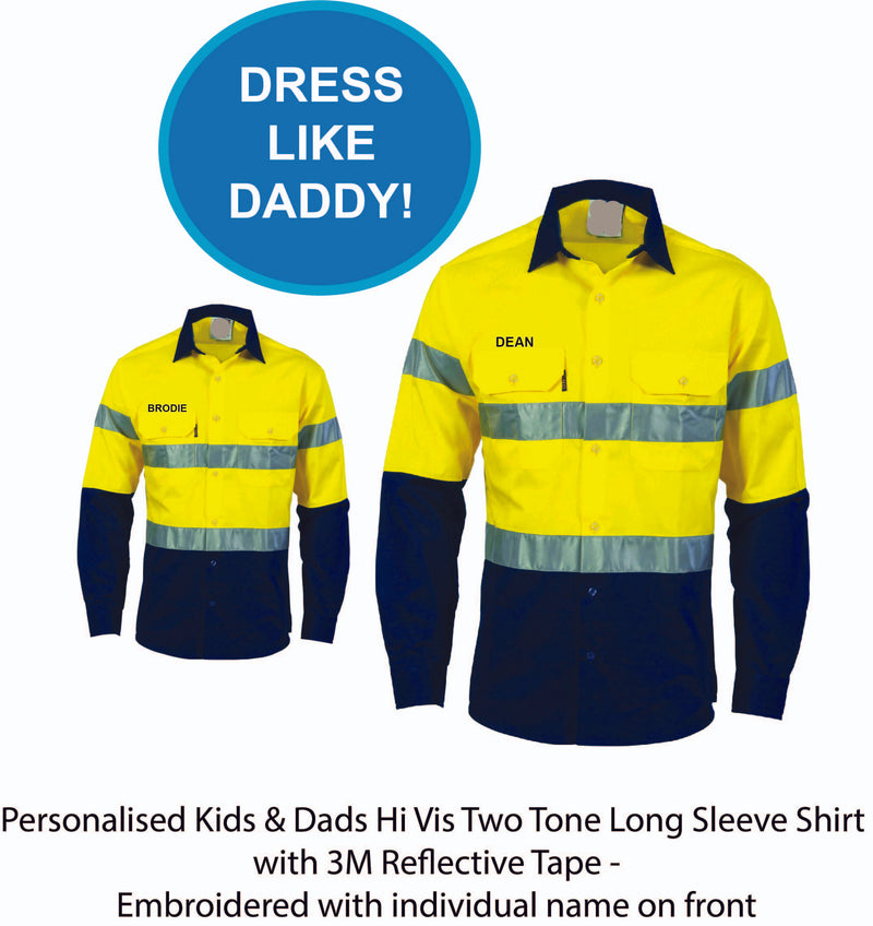 Personalised Dads Hi Vis Two Tone Long Sleeve Shirt with 3M Reflective Tape - Embroidered with individual name (Front RHB)