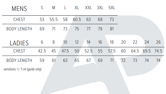 Aussie Pacific 1324 Vaucluse Polo Mens Size Chart