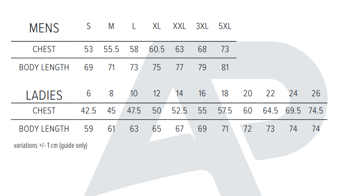 Aussie Pacific 1321 Portsea Polo Mens size chart