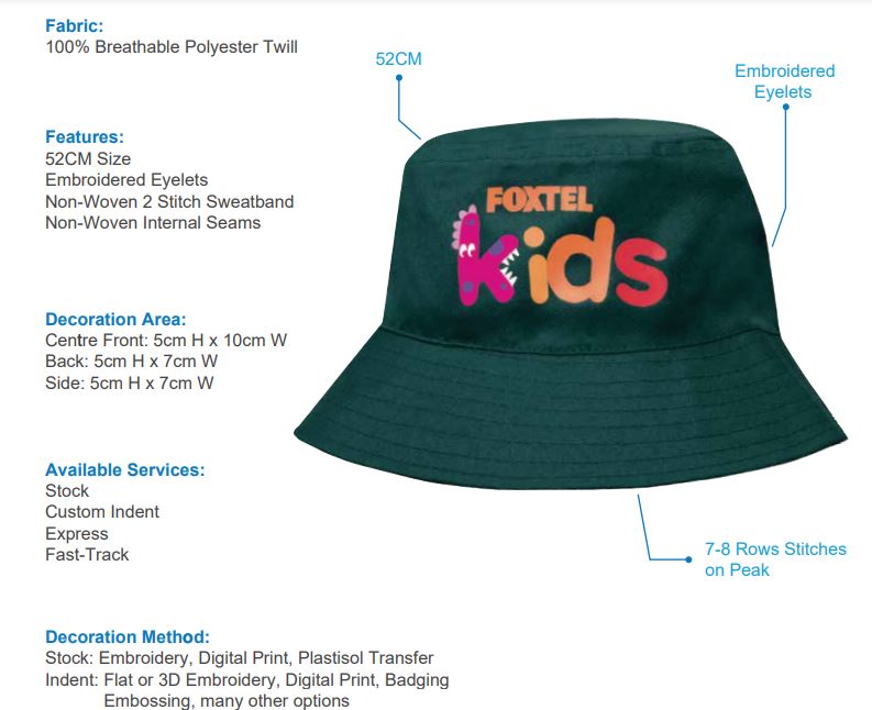 HS-3938 Breathable Poly Twill Infants Bucket Hat spec sheet