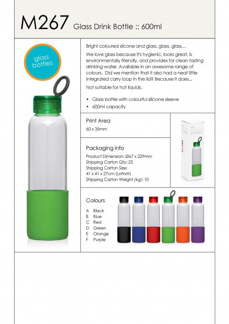 600ML GLASS DRINK BOTTLE - with 1 Colour print