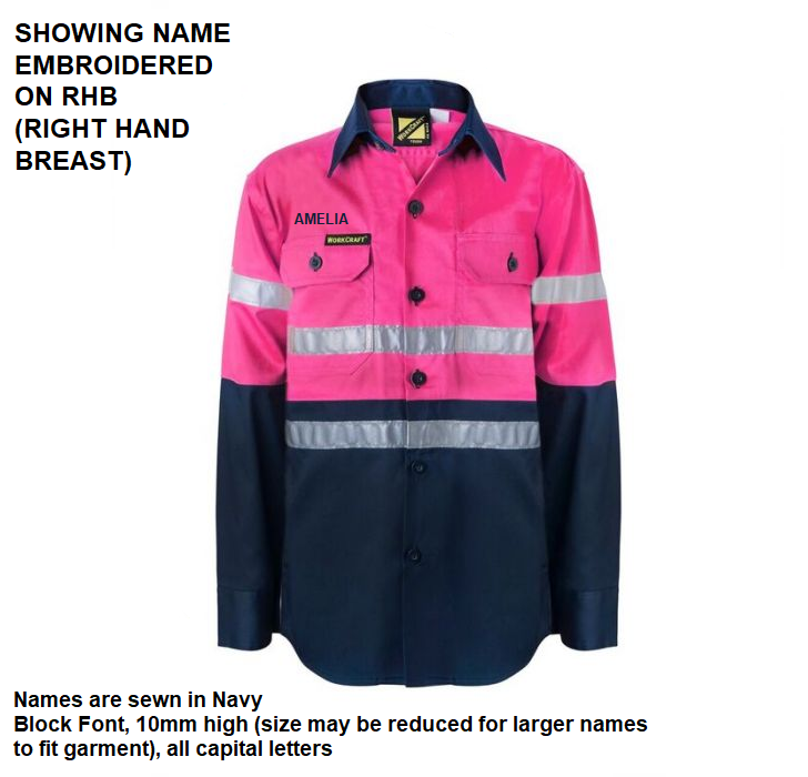 Personalised Kids PINK Hi Vis Two Tone Long Sleeve Shirt with 3M Reflective Tape - Embroidered with individual name (Front RHB)