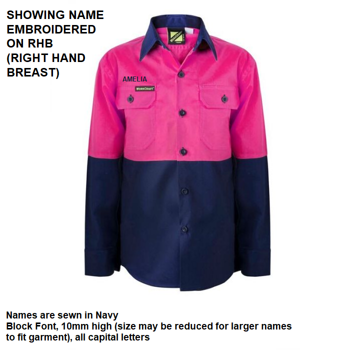 Personalised Kids PINK Hi Vis Two Tone Long Sleeve Shirt - Embroidered with individual name (Front RHB)
