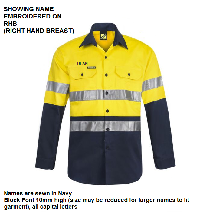 Personalised Dads Hi Vis Two Tone Long Sleeve Shirt with 3M Reflective Tape - Embroidered with individual name (Front RHB)